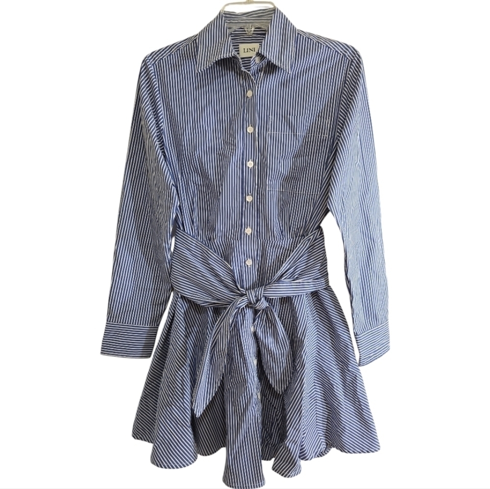 Lini Blue White Striped Shirt Dress Small Button Front Tie Waist Circle Skirt - Picture 2 of 10